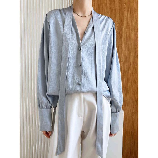 

women's knits & tees arrival summer v-neck lace-up design shirt long sleeve solid color casual loose style for clothes aivm, White