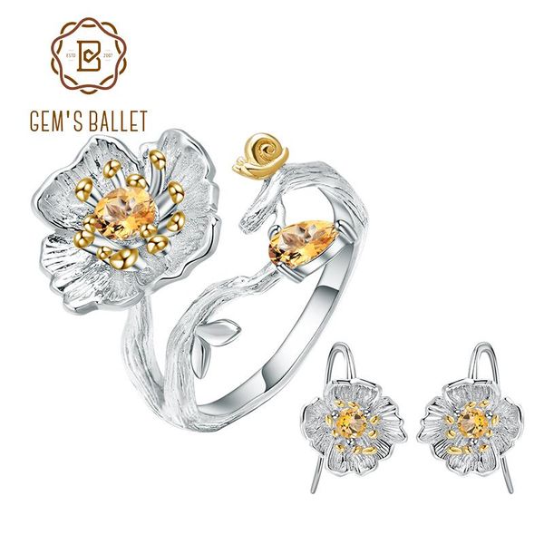 

gem's ballet natural citrine yellow elegant flowers ring earrings set 925 sterling silver handmade for women fine jewelry bracelet, & n, Black