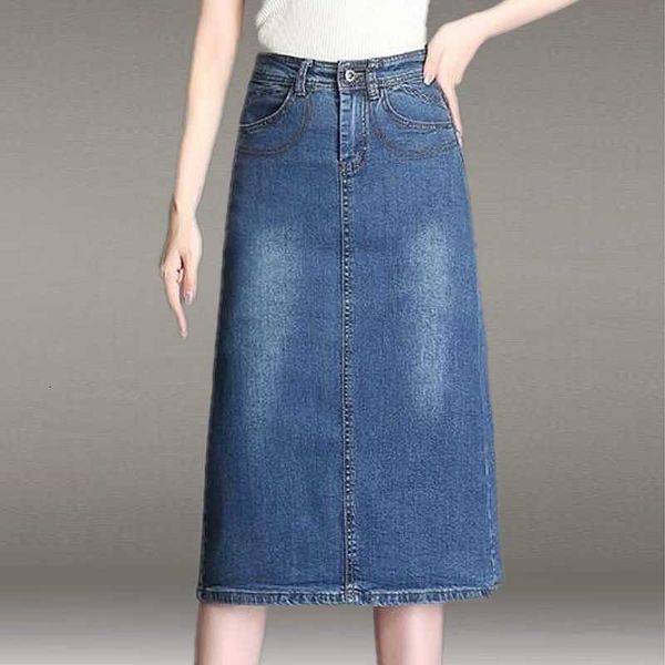 

skirts spring summer vintage women's denim office lady high wasit jeans female a-line back split ni88, Black