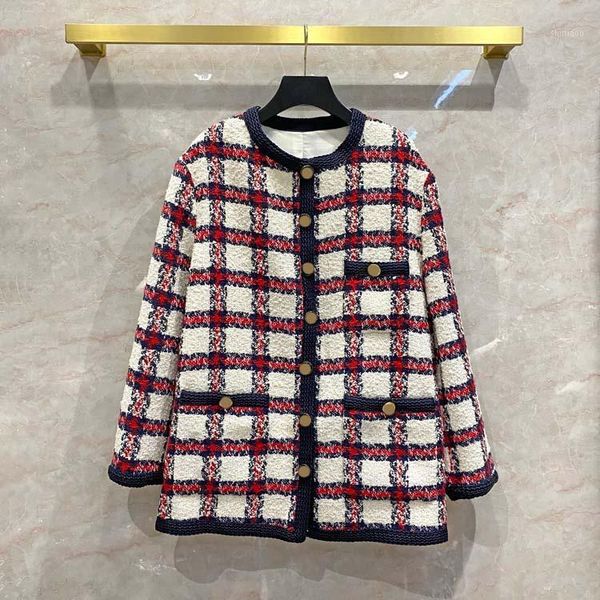 

women's wool & blends retro plaid tweed jacket for women spring fall 2021 high-end brand long sleeve loose contrast coats single breast, Black