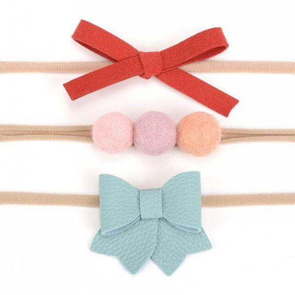 

2021 baby nylon headband set felt balls suede bow hair bow band faux leather bow headband infant hair accessory, Slivery;white