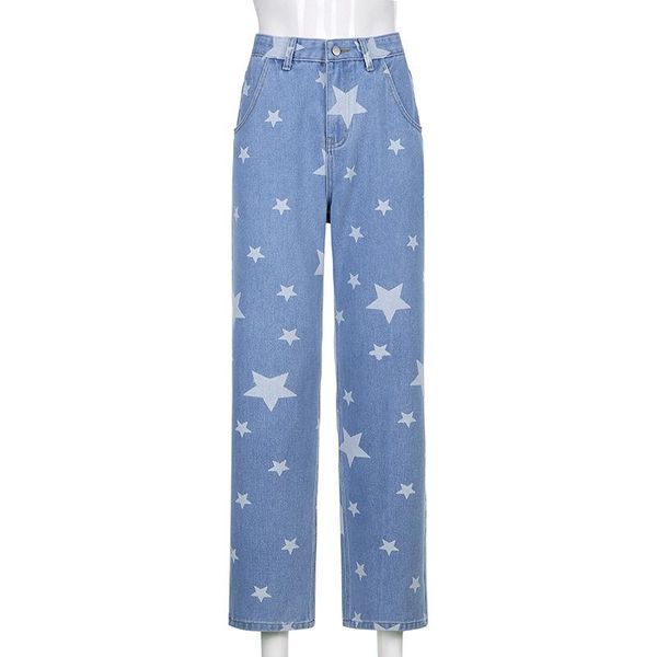 

spring and summer star print casual high-waist straight-leg jeans trousers women's, Blue