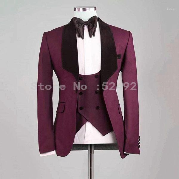 

men's suits & blazers groomsmen burgundy groom tuxedos shawl black velvet lapel mens wedding man 3 pieces ( jacket+pants+vest+tie ) c83, White;black