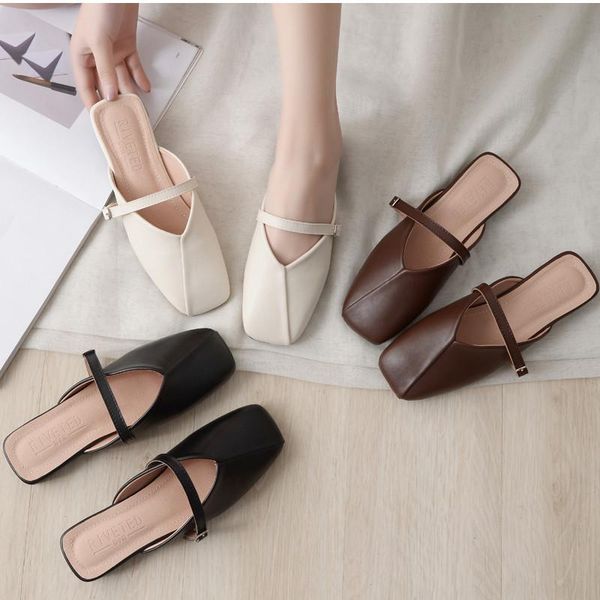 

ladies summer brand designer shoes fashion low heel lazy slippers women's mules pumps footwear female leather slides big, Black