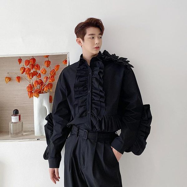 

male japan fashion show vintage loose shirts men lace side splice long sleeve casual white black stage clothing men's