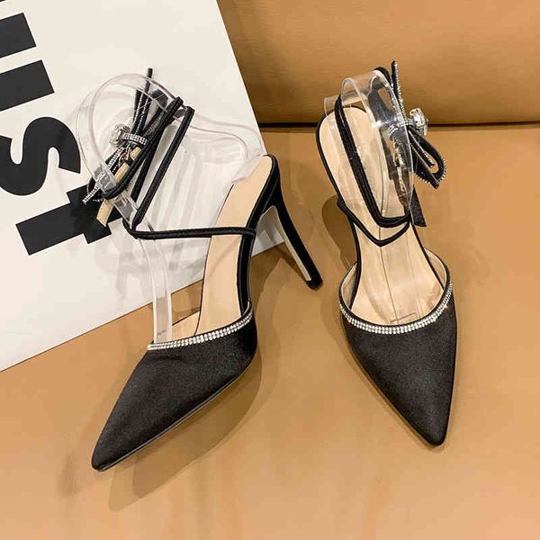 

sandals runway style rhinestones women pumps pointed toe crystal bowtie satin spring lady shoes high heels party prom jigc, Black