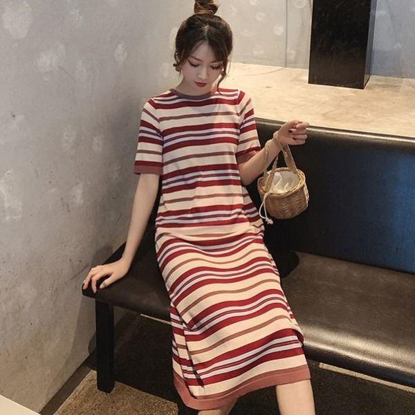 

casual dresses 2021 fashion female stripe knitted women spring summer round collar short sleeve mid-calf dress lady clothes z163, Black;gray