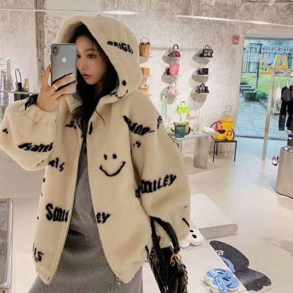 

women's wool & blends lamb coat women casual loose fur plush stand collar, Black