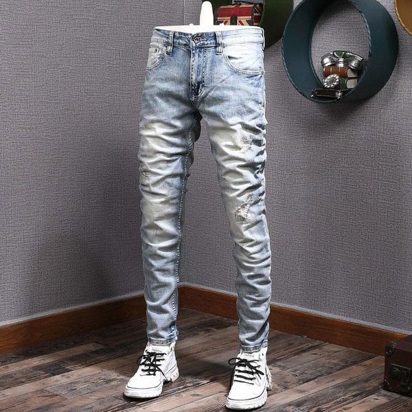 

men's jeans street style fashion men retro light blue elastic slim fit ripped embroidery designer casual plain denim pants