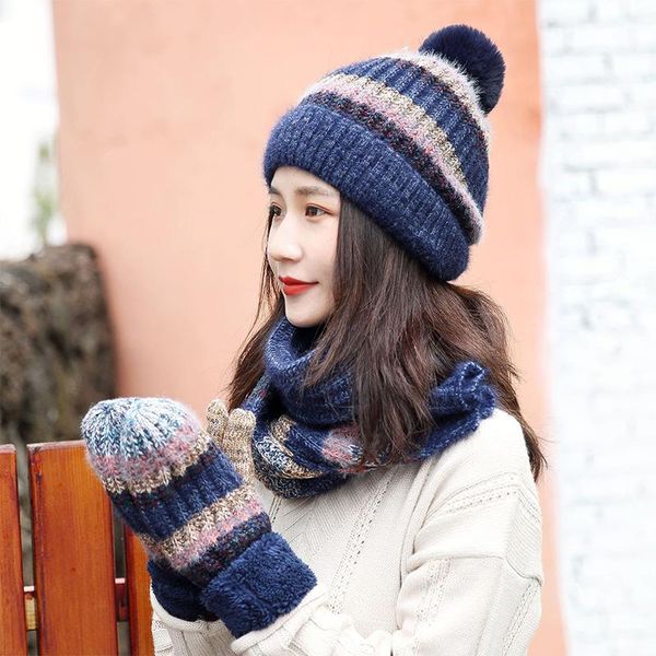 

hats, scarves & gloves sets beautiful ladies girls hat scarf glove pom beanie knitting caps cute fur ball autumn and winter warm outdoor pur, Blue;gray