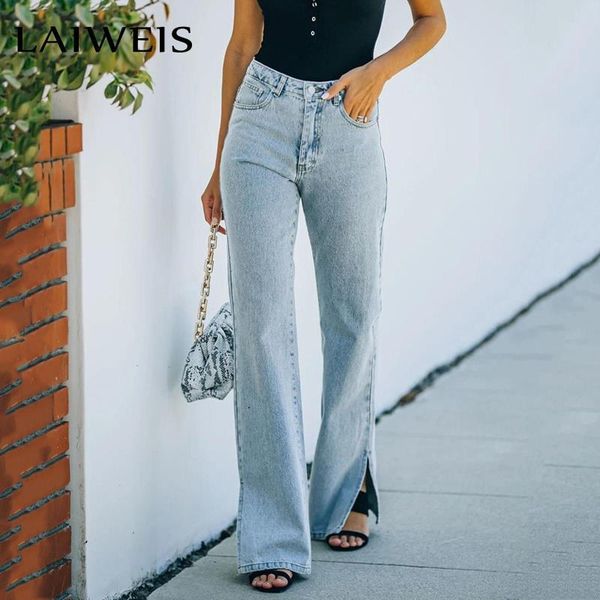

women's jeans laiweis straight split 2021 autumn female clothes high waist vintage casual streetwear ladies denim trousers, Blue