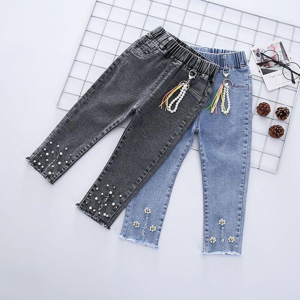 

jeans 2021 girls baby beaded pants spring autumn stretch pant trousers kids long children clothes, Blue