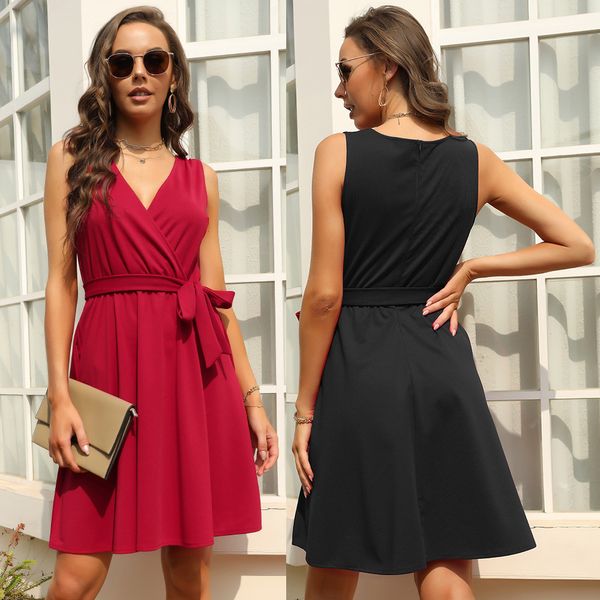 

charming dresses 2021 women's summer solid color tied waist v-ne, Black;gray