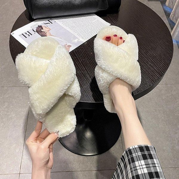

slippers winter women house faux fur fashion warm shoes woman slip on flats female slides black white cozy home furry