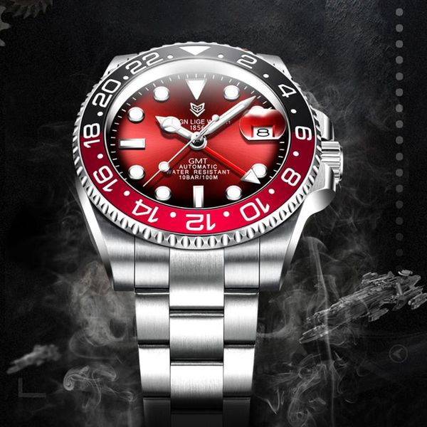 

wristwatches fashion luxury red dial men business tourbillon mechancia full steel casual sports male watch clock lige 6805, Slivery;brown