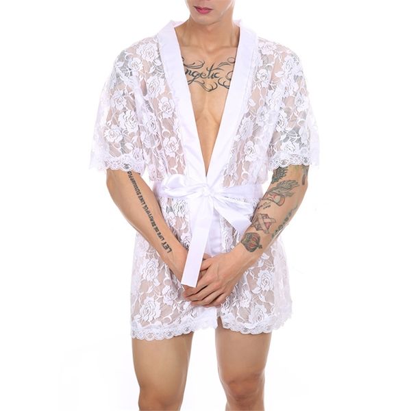 Seksi Erkekler Dantel Gecelik Tanga Örgü Baskılı Şeffaf Uzun Elbiseler Beach Bornoz Giyindirme Kıyafeti 210901