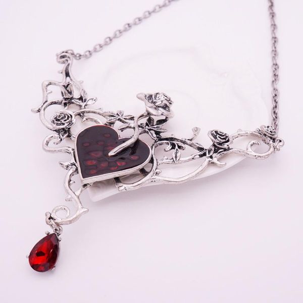 

pendant necklaces gothic red heart rose silver color metal chain jewelry vintage hyperbole punk