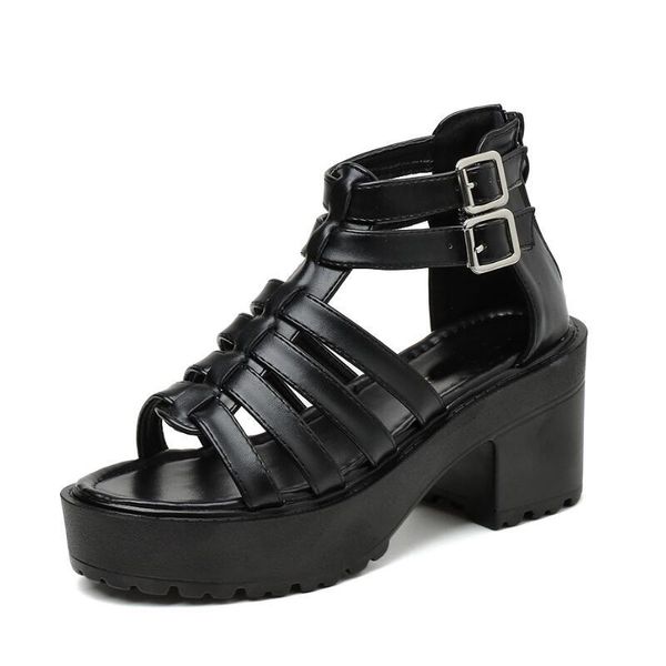 

dress shoes vintage punk rock gothic sandals woman strappy heels platform pumk chunky gladiator women ljb26-1, Black