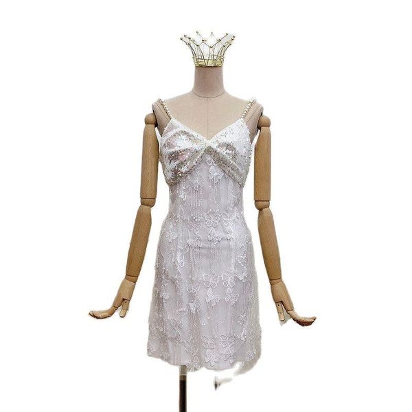 

casual dresses 2021 white three-dimensional lace butterfly tassel crystal beads embroidered pearl halter dress 0406, Black;gray