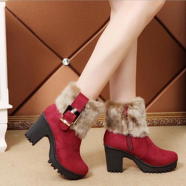 

boots ankle snow women shoes woman fashion high-heeled warm 2021 winter flock short, Black