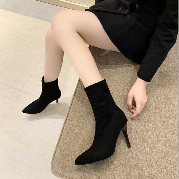 

sock boots knitting stretch high heels for women fashion shoes 2021 spring booties female, Black