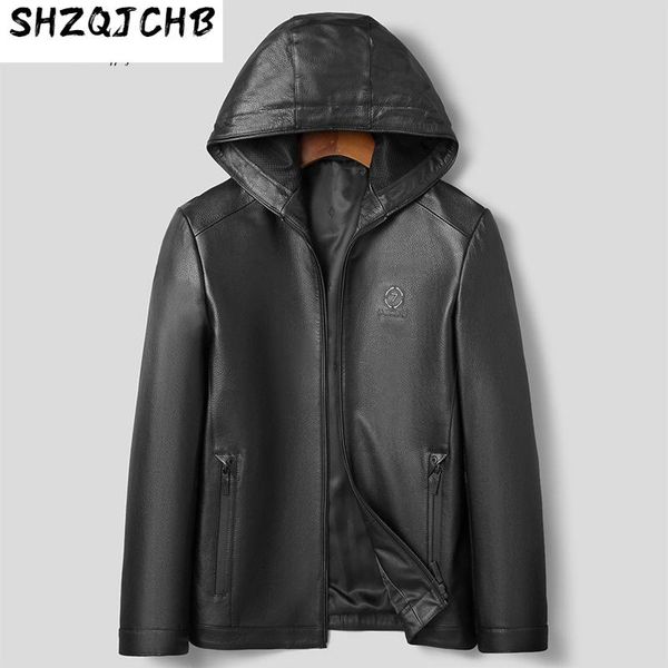 

men's leather & faux shzq 2021 autumn coat hooded short jacket casual, Black