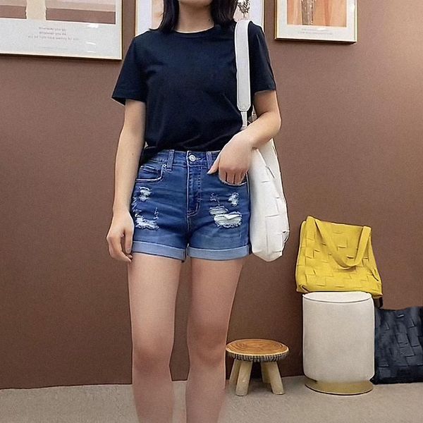 

women's jeans women casual ripped denim shorts crimping high waist slim summer stretch feminino chic ladies bottom, Blue