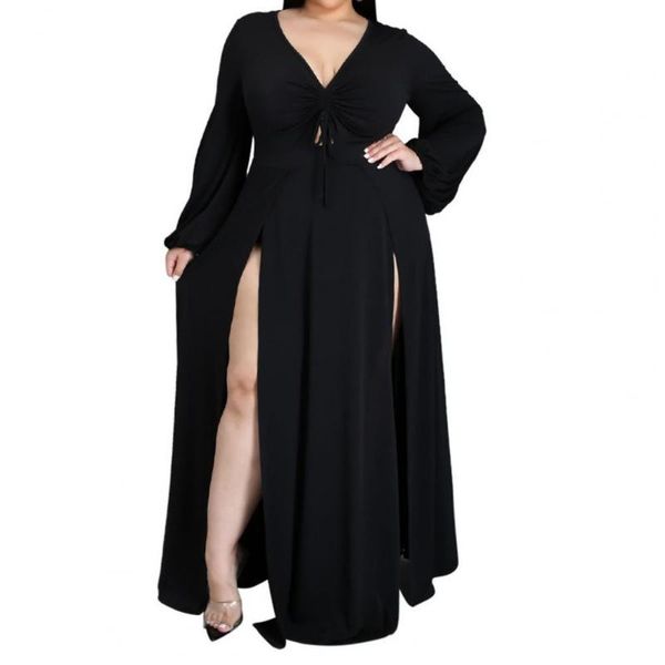 

casual dresses fashion maxi dress plus size women clothing elegant v neck long sleeve solid split hem full length for vacation, Black;gray