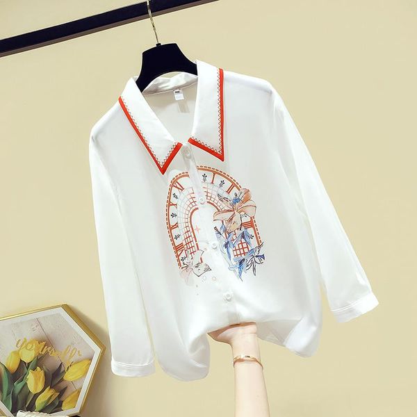 

women's blouses & shirts retro style floral print 3/4 sleeves turn down collar chiffon shirt 2021 summer ladies female blouse a3468, White