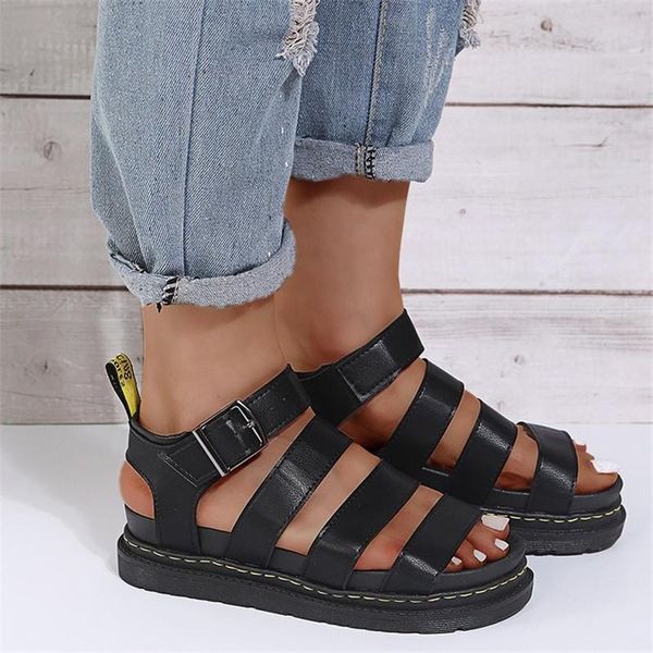 

sandals summer women leather gladiator for three buckle platform street style flat roman shoes woman, Black
