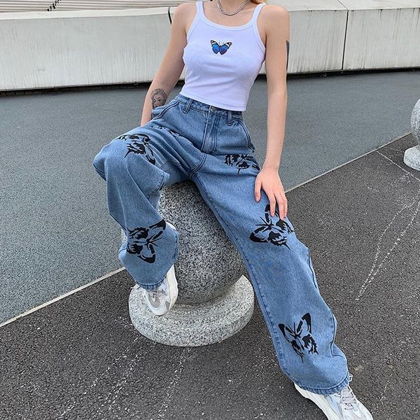 

women jeans high waist baggy pants casual butterfly printed wide leg trousers denim streetwear ladies e girl pantalones mujer, Blue
