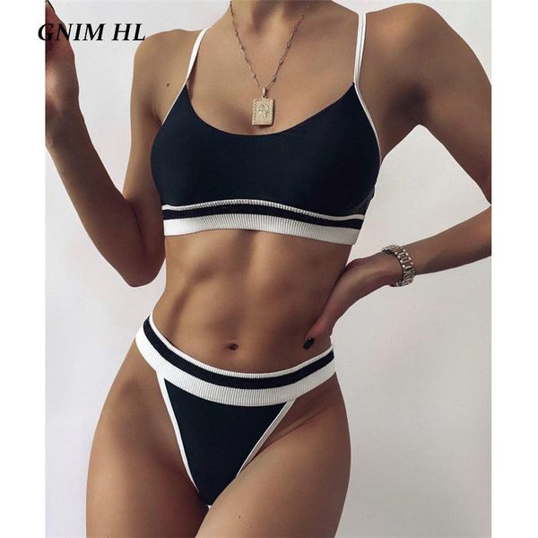 

bandeau bikini set 2021 patchwork swimwear women push up halter high cut brazilian swimsuit 2 piece swimming suit for women's, White;black