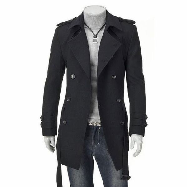 Solid Trench Coat Men Long Slim Belt Jacket Mens Casual Caldo stile coreano Cappotti Doppiopetto Windbreaker Cappotti maschili 210524