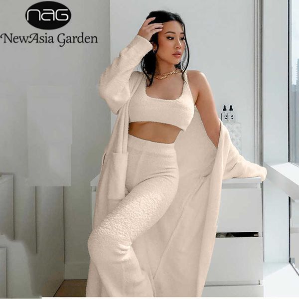 

asia winter sweater set women crop two piece pants oversized cardigan robe knitted coat woman lounge casual suit 210930, White
