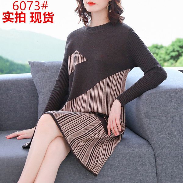 

dress lady autumn and winter loose high-end mid-length nightgown dressed in long sleeve women's knitted 7qt7, Black;gray