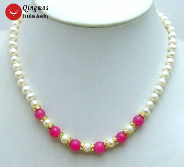 

qingmos trendy natural pearl chokers women necklace with 8mm rose pink jades & 6-7mm white 17" fine jewelry-5835, Golden;silver