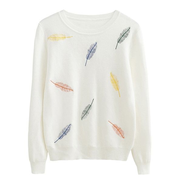 

autumn winter women fashion feather embroidery knitted sweaters black white woman/girl casual sweater 210917, White;black