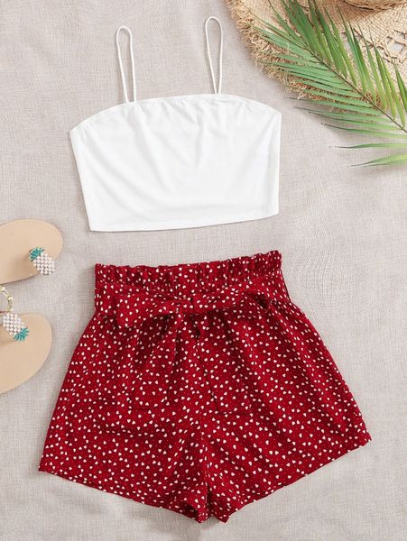 

crop cami & paperbag waist belted allover heart shorts set w2td#, White