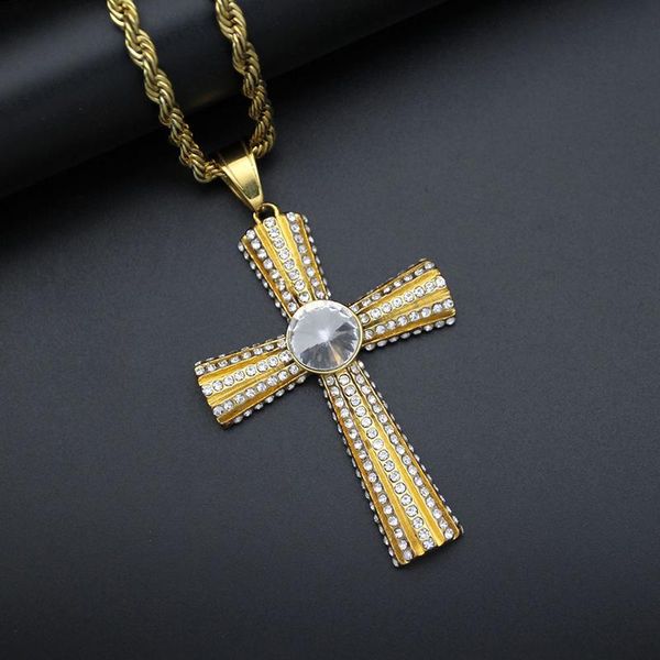 

pendant necklaces hip hop jewelry bling rapper iced out rhinestone gold color stainless steel solid round cross necklace for men and women, Silver