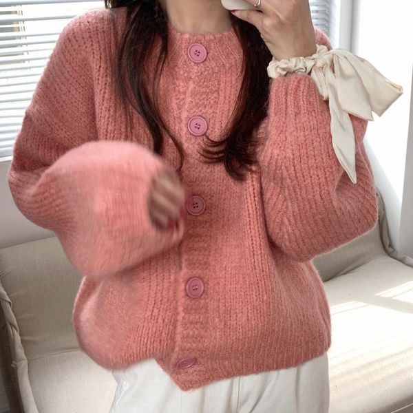 

women's knits & tees knitted cardigan women spring and autumn 2021 korean loose outer wear sweater round neck long sleeve coat, White