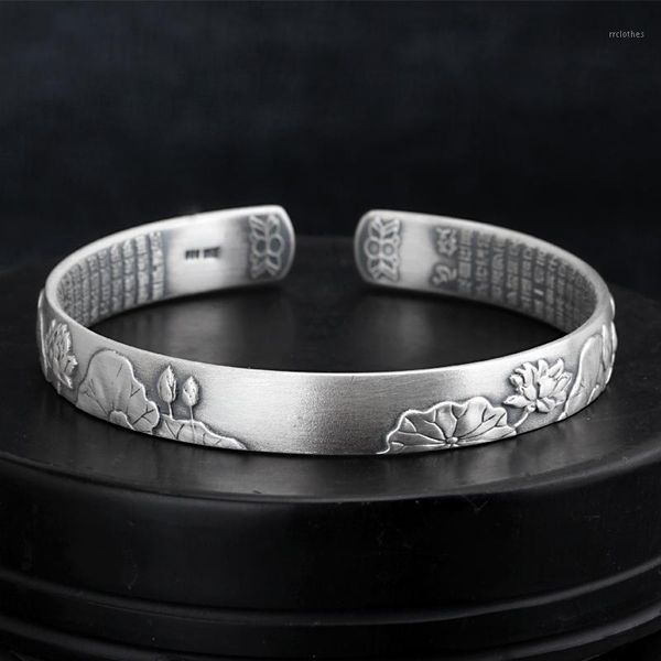 Solid Sterling Silver Lotus Buddhism Heart Sutra 9mm Band 34G A2781 Bangle