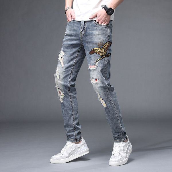 

fashion jeans 2021 spring and summer denim pants men's brand embroidery trend stretch casual small foot print, Blue