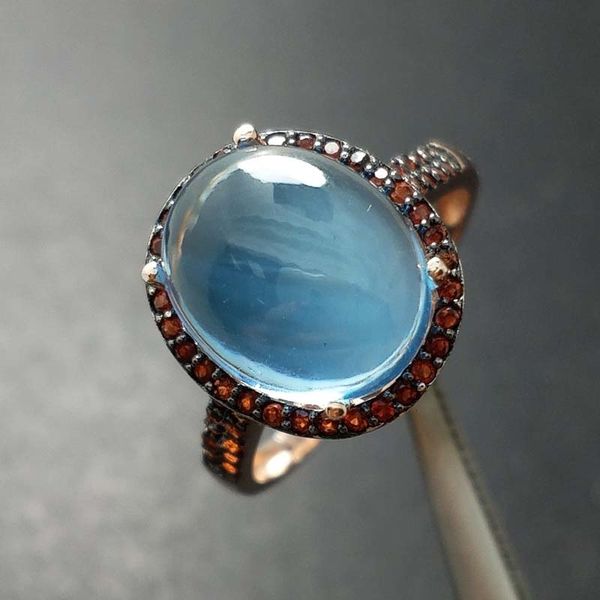 

flzb, big size natural 6.8 ct sky blue z ov10*12 women gemstone ring in 925 sterling silver with natural garnet small stone cj191210, Slivery;golden