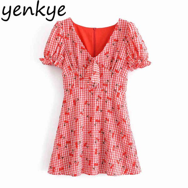 

red cherry plaid dress women bow tie v neck short sleeve a-line mini sweet female summer vestido 210430, Black;gray