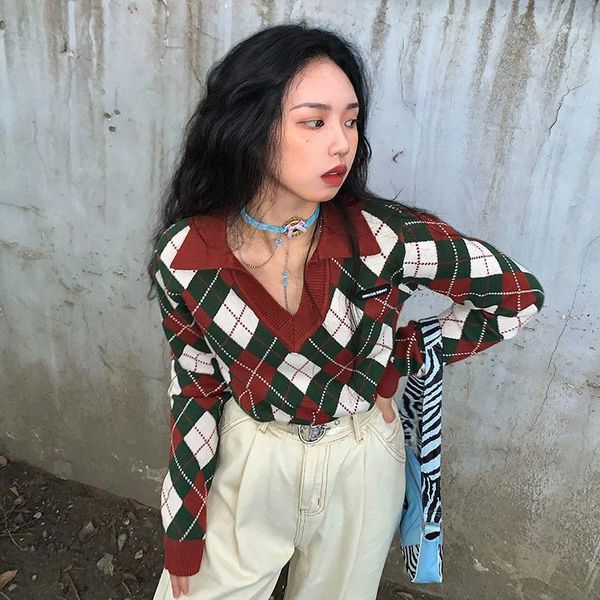 

japanese red christmas sweater women's retro knitted shirt v-neck coat autumn and winter wear sweaters, White;black