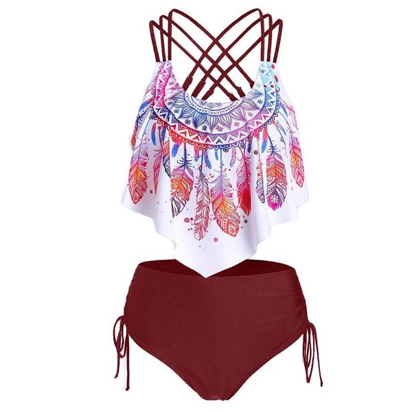 

women's swimwear women feather print push-up padded overlay flounce crisscross tankini maillot biquini girl beach bathing suit, White;black