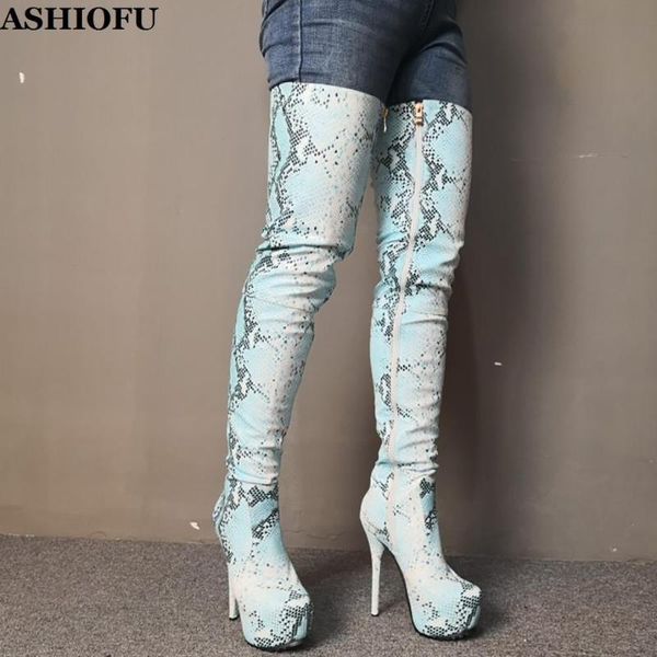 

boots ashiofu ladies thigh high faux-snake leather platform over knee winter evening fashion long, Black
