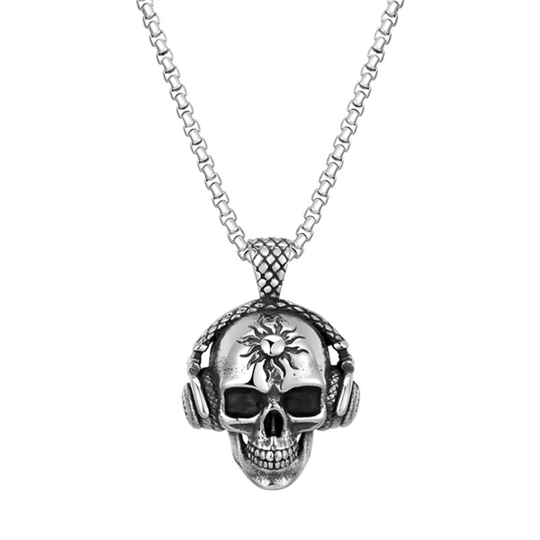 

pendant necklaces 316l stainless steel skull with headphones music necklace for men women punk gothic hip hop rock trendy jewelry gift, Silver