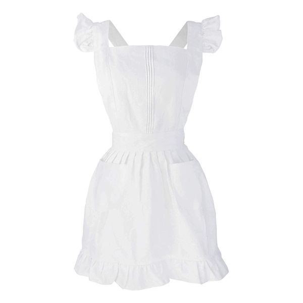 Bayan Kızlar Ruffles Anahat Retro Beyaz Önlük Cepleri ile Ayarlanabilir Victoria Önlüğü Hizmetçi Cosplay Mutfak Pişirme Kostüm 211222