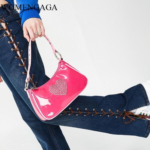 

duffel bags sweet girls cute kawaii pink baguette bag women 90s vintage rhinestone heart mini handbag chic patent leather pu axillary pouch